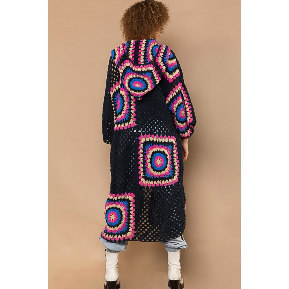 POL Black & Pink Crochet Granny Square Chenille Long Cardigan Relaxed Fit - Picture 13 of 16
